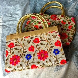 NEW Floral Embroidered Handbag with Gold Accents from India